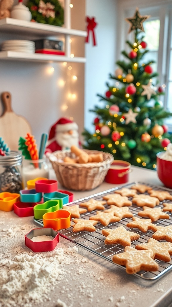 A cozy kitchen with holiday baking supplies, cookie cutters, and freshly baked cookies, adorned with Christmas decorations.